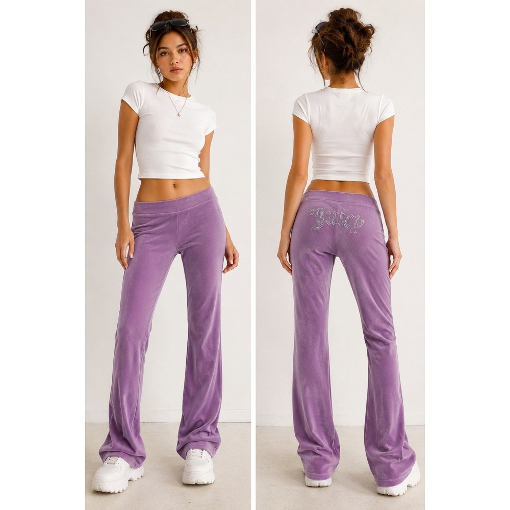 Juicy Couture Velour Flare Track Pant L Purple Rhinestone Logo Y2K McBling Indie